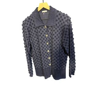 FOCUS USA Navy Blue Textured Dot Button Front Collared Long Sleeve Women Size S